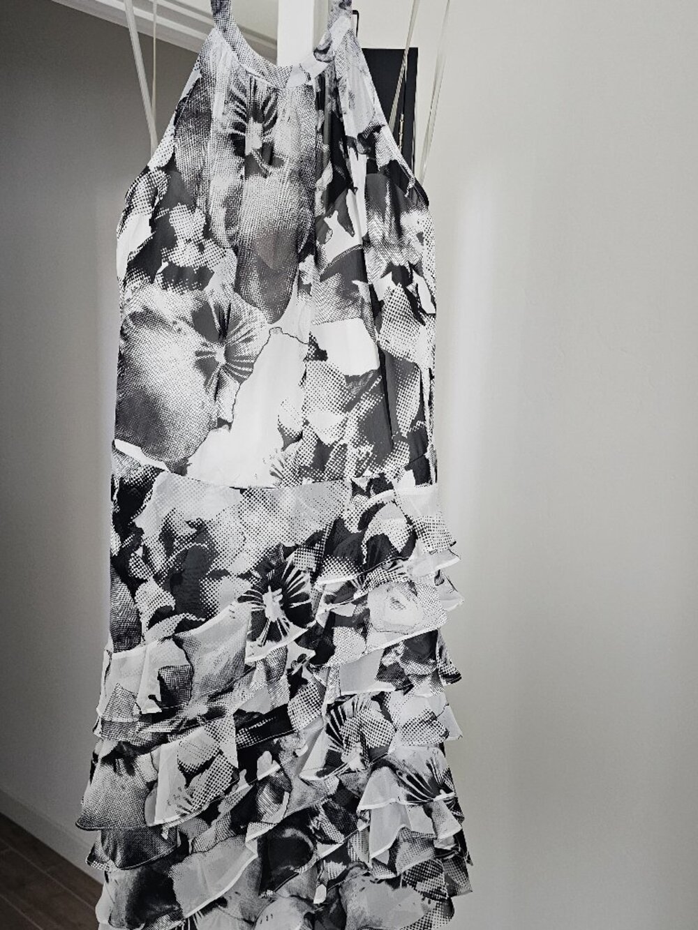 MSK Black & White Floral Ruffle Halter Dress